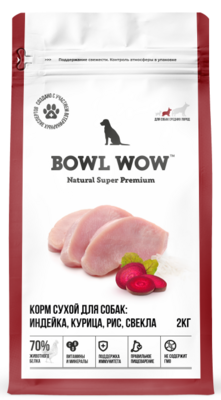 Bowl Wow Adult Dog Medium (индейка, курица, рис, свекла) - сухой корм для взрослых собак средних пород