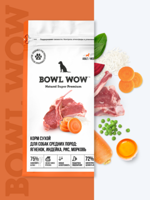 Bowl Wow Adult Dog Medium (ягнёнок, индейка, рис, морковь) - сухой корм для взрослых собак средних пород