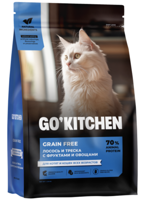 Go`Kitchen Grain Free Cat Salmon & CodFish (лосось и треска) – сухой корм для котят и кошек всех пород